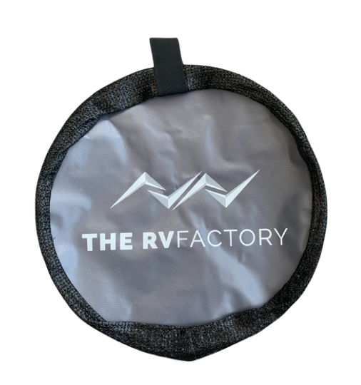 RV Factory Caravan Hose Bag 35 Diam. x 17.5H cm Black with Grey Base Strong Fabric Material. Printed with RV Factory Logo. - TSF Direct